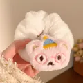 Close-up of white plush scrunchie with pink teddy bear and embroidered glasses detail - Pink Bear White Scrunchie