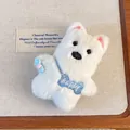 Close-up of white plush dog accessory with Happy bone embroidery and colorful beads - Duckbill Clip Style