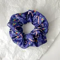 Dark blue Christmas scrunchie with candy cane and snowflake patterns in silk satin fabric - Blue Candy Snowflake Style (Christmas Style 10)