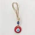 Handmade red evil eye lucky charm with golden beads and natural hemp rope hanger - Red