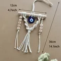 Boho woven wall hanging with blue evil eye pendant and I Love You wood beads - Valentine's Day Style (I LOVE YOU)