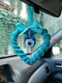 Blue hand-knitted heart evil eye car hanging charm with a silk ribbon bow - Green