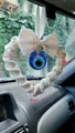 Handmade woven heart car charm with lace bow and blue evil eye bead pendant - White