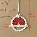 Handmade red and white macrame Christmas tree ornament with wood stick and snowflake - Red Christmas Tree Ornament