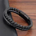 Bracciale da uomo con perle in pietra lavica, pelle nera intrecciata e chiusura magnetica - Pietra Lavica + Corda in Pelle (20cm)