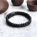 Bracciale da uomo a doppio strato in pietra nera e pelle intrecciata con chiusura magnetica - Pietra Lavica + Agata Opaca (22cm)