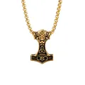 Golden stainless steel Thor's hammer Mjolnir pendant with Nordic runes on box chain - Pendant Only (No Chain) / Gold
