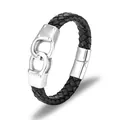 Men's black braided leather bracelet with silver handcuff clasp and magnetic closure - Silver Double Ring Handcuff Style (QA-P70073)