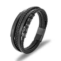Men's multilayer black braided leather bracelet with stainless steel magnetic buckle and ID tag - 19cm / Black