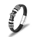 Bracciale da uomo in pelle nera intrecciata con croce vintage in acciaio e chiusura magnetica - Stile Pendente Croce / Circonferenza 19 cm / Nero