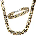 Vue détaillée de l'ensemble collier et bracelet byzantin bicolore or et argent - 5mm / 65cm Collier / Acier et Or