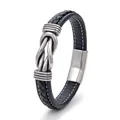 Men's black leather bracelet with silver knot ornament and magnetic steel clasp - Black