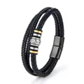 Mehrlagiges Lederarmband für Herren mit graviertem Metallzylinder im Vintage-Stil - Gesamtlänge 23.5CM / Schwarz
