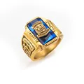 Anello con sigillo tigre vintage in acciaio dorato con pietra blu quadrata e incisione 1973 - US 8 / Blu