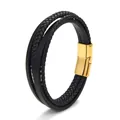 Detail of multi-layer black woven leather bracelet with a polished gold magnetic clasp - 21.5cm / Two-tone Gold