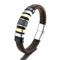 Bracciale intrecciato in pelle marrone da uomo con perline in acciaio e fibbia - Stile Perline di Metallo / Circonferenza 19 cm / Marrone scuro