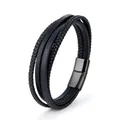 Men's multilayer black braided leather bracelet with square polished magnetic steel clasp - 21.5cm / Black Buttons