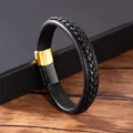 Bracelet pour homme en cuir tressé noir avec fermoir métallique sur une boîte cadeau - Style 6 Noir Or Mixte