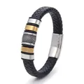 Men's braided leather bracelet with mixed silver and gold stainless steel rings - Small / Black
