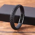 Bracelet minimaliste en cuir tressé noir avec fermoir magnétique en métal noir mat - Style 7 Tout Noir Tressé