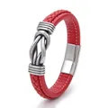 Red braided leather bracelet with vintage silver love knot and polished metal clasp - Length Small / Red
