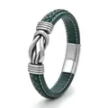 Dark green braided leather bracelet with silver metal knot and magnetic clasp - Length Small / Green