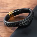Bracciale da uomo in pelle nera intrecciata con chiusura magnetica nera e dorata - Circonferenza 19 cm / Chiusura Magnetica Nero Oro