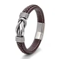 Dark brown braided leather bracelet for men with silver polished magnetic clasp - Length Small / Brown