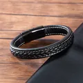 Dettaglio del bracciale in pelle intrecciata nera con cuciture bianche e chiusura magnetica - Circonferenza 19 cm / Pelle Nera Cucitura Bianca