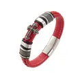 Men's red braided leather bracelet with vintage stainless steel cross and magnetic clasp - Red