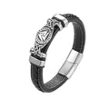 Bracciale vichingo in pelle con simbolo Valknut e chiusura magnetica in acciaio inox - Lunghezza 21.5CM / Nero