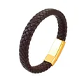 Detail of dark brown braided leather bracelet with polished gold magnetic clasp - Brown Leather Gold Buckle