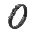 Bracciale da uomo in pelle nera intrecciata con nodo decorativo in metallo opaco - 19.5cm / Stile Nodo a Torsione Opaco (Stile Tre)