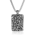 Vintage Viking totem engraved pendant necklace in stainless steel with square box chain - Rectangular Totem Pendant / Steel