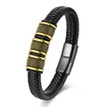 Dettaglio del bracciale da uomo in pelle intrecciata nera con perle dorate e chiusura magnetica - Taglia S / Oro e Nero