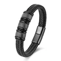 Bracciale da uomo in pelle intrecciata nera con perle metalliche e chiusura magnetica - Taglia S / Nero