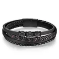 Men's multi-layer braided leather bracelet with black magnetic clasp and metal rings - Circumference 19cm / Black