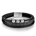Multi-layer woven leather bracelet for men with silver magnetic clasp and metal beads - Circumference 19cm / Steel