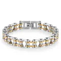 Dettaglio macro del bracciale a catena da bici bicolore con marchio in acciaio - 12mm*22cm / Acciaio e Oro