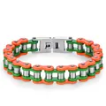 Dettaglio del bracciale a catena da moto in acciaio inox arancione e verde con chiusura - 14mm*21cm / Arancione Verde Argento