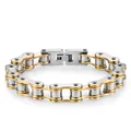 Detailed macro of a two-tone stainless steel bicycle chain bracelet in gold and silver - 10mm Wide * 21.5cm Long / Gold and Silver Two-tone