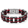 Détail du bracelet chaîne de vélo industrielle en acier inoxydable rouge noir et argent - Largeur 16mm Longueur 22cm / Noir Rouge