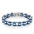 Detail of bicycle chain bracelet with silver and blue steel links and fold-over clasp - 10mm Wide * 21.5cm Long / Blue Silver