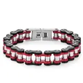 Dettaglio del bracciale a catena da bici in acciaio inossidabile rosso e nero con chiusura - 14mm*21cm / Tricolore Rosso, Nero e Argento