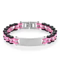 Macro detail of punk bicycle chain bracelet with pink links and stainless steel engravable plate - Width 1.2cm * Length 23cm / Black/Pink Two Tone
