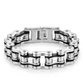 Vue macro détaillée du bracelet chaîne de vélo industriel en acier inoxydable argent - Largeur 16mm Longueur 22cm / Bicolore Noir