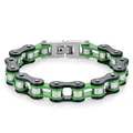 Detailed macro of green and black bicycle chain style stainless steel punk bracelet - 10mm Wide * 21.5cm Long / Green Black Silver