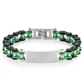 Macro detail of bike chain bracelet showing the stainless steel clasp and engraving - Width 1.2cm * Length 23cm / Black And Green