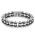 Dettaglio ravvicinato del bracciale in acciaio inossidabile a catena da bici con inserti neri - Taglia Standard / Bicolore Nero