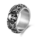 Punk style stainless steel skull ring with vintage dual scythe and embossed pattern - Size 8 / Antique Silver